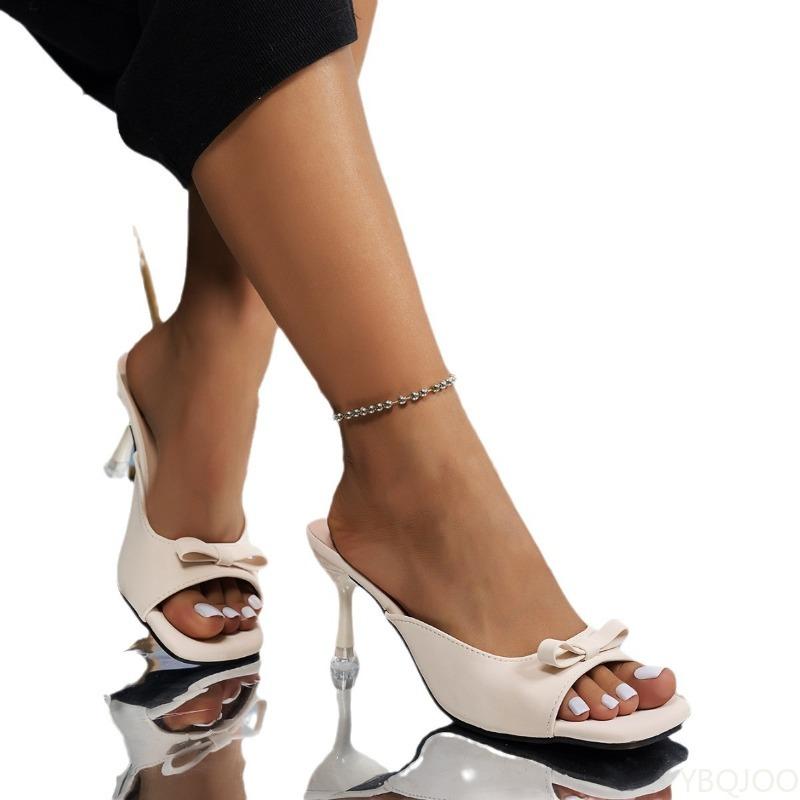 New Summer 2025 Square Headed Fairy Bow High Heeled Fashionable Slippers Thin Heels a Strap Wearing Outside Comfortable Sandals