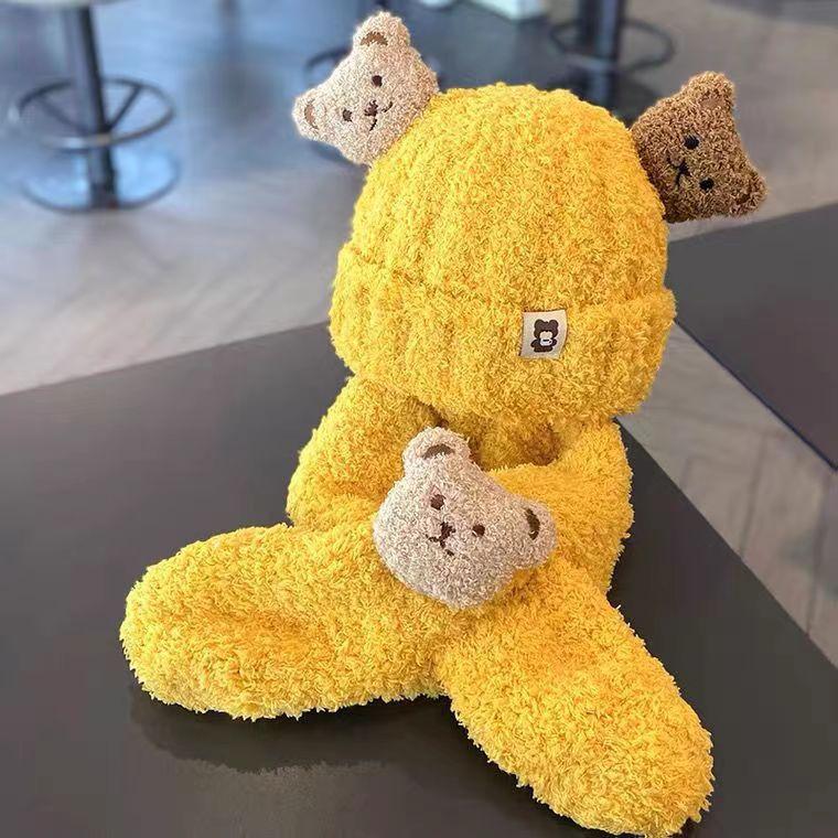 Baby hat autumn and winter plush scarf two-piece set baby boy and girl bear cute warm thickened toddler hat