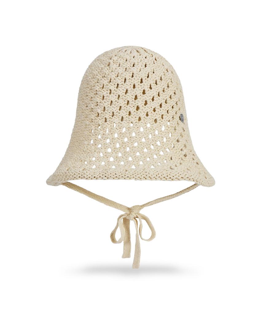 Bajal Va Curved Oval Metallic Knit Punched Bonnet Hat Beige