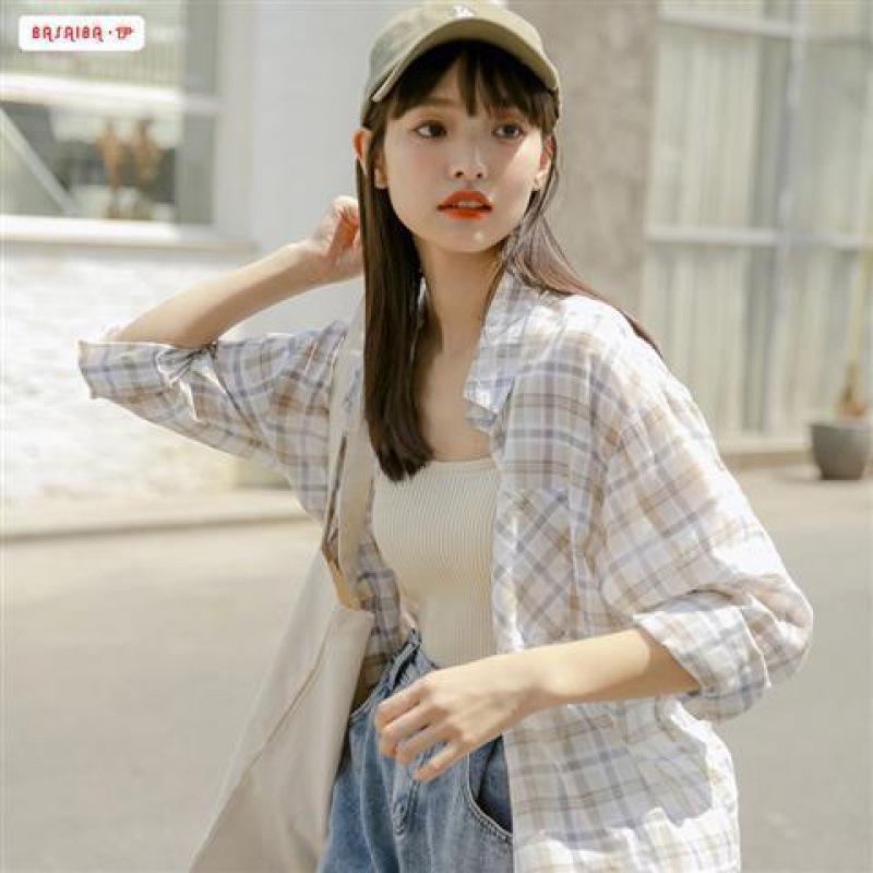 Women s Versatile Spring 2025 Plaid Sun Protection Shirt Jacket - Long Sleeve, Loose Fit, Thin Style XL