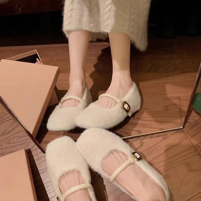 ! Shoes ballet style one-word belt inner height increase fluffy flat bottom Mary Jane single shoes women