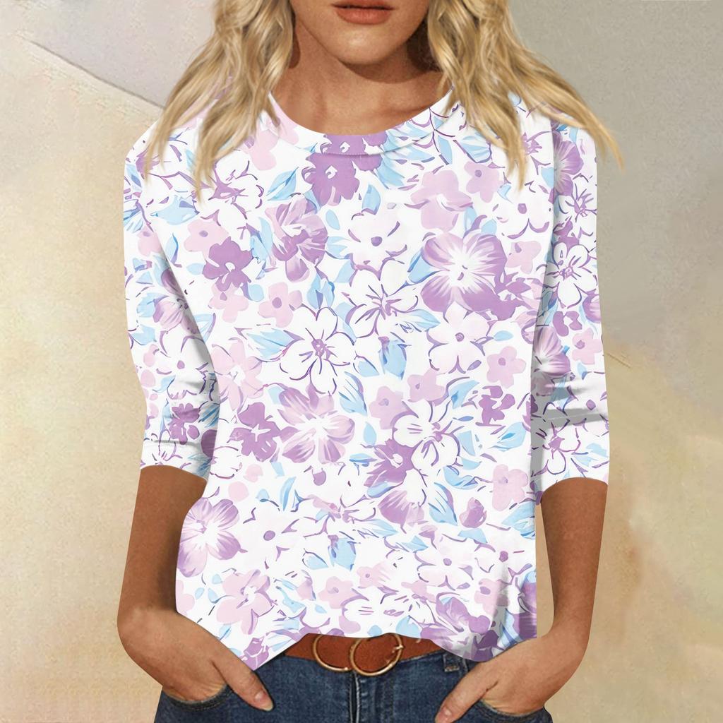 Women's Fashion Casual Round Neck 3/4 Sleeve Loose Printed T-Shirt Ladies Top