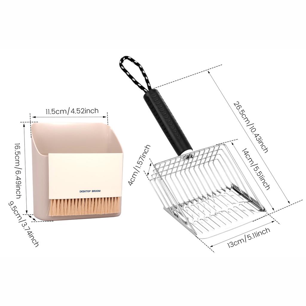 Stainless Steel Cat Litter Scooper Set with Small Broom and Dustpan Clean Non-Stick Shovel For Small Pets or Reptile Sand Waste