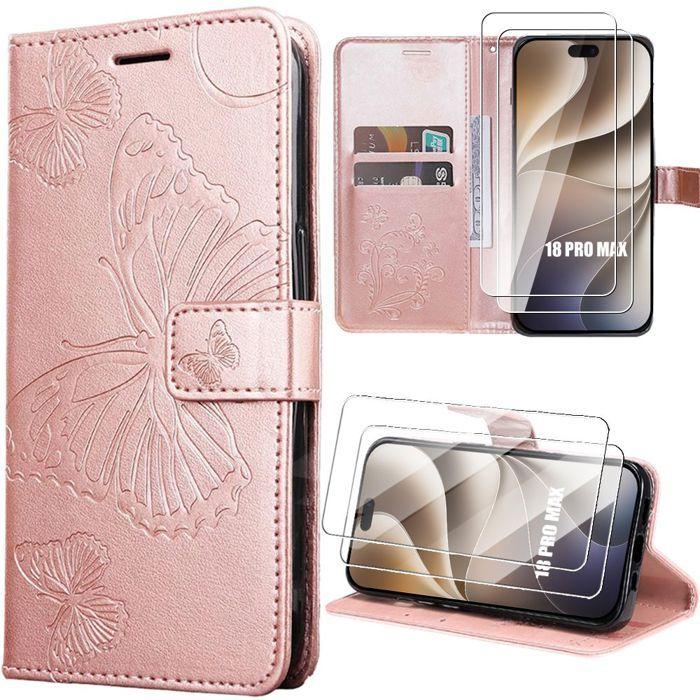 Coque + 2 Verres Trempés pour iPhone 18 Pro Max, Antichoc Anti-Rayures Cuir PU Rose Motif Papillons