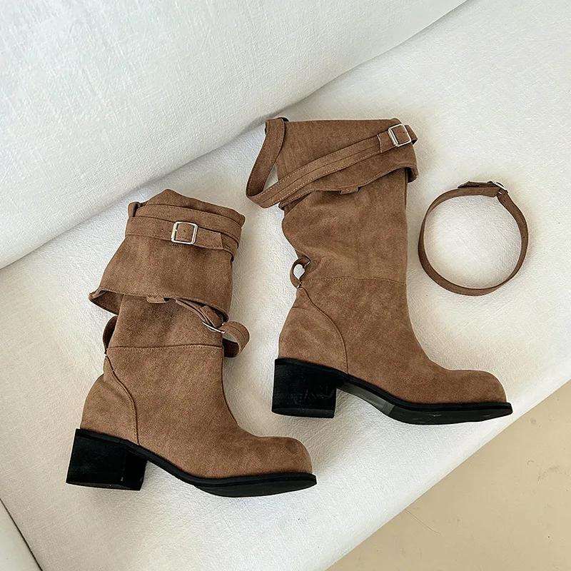 

Women Pleated Boots Female Faux Suede Knee High Boot Ladies 2025 Autumn Winter Fashion Buckle Slip on Square Heel Knight Booties 40 коричневий