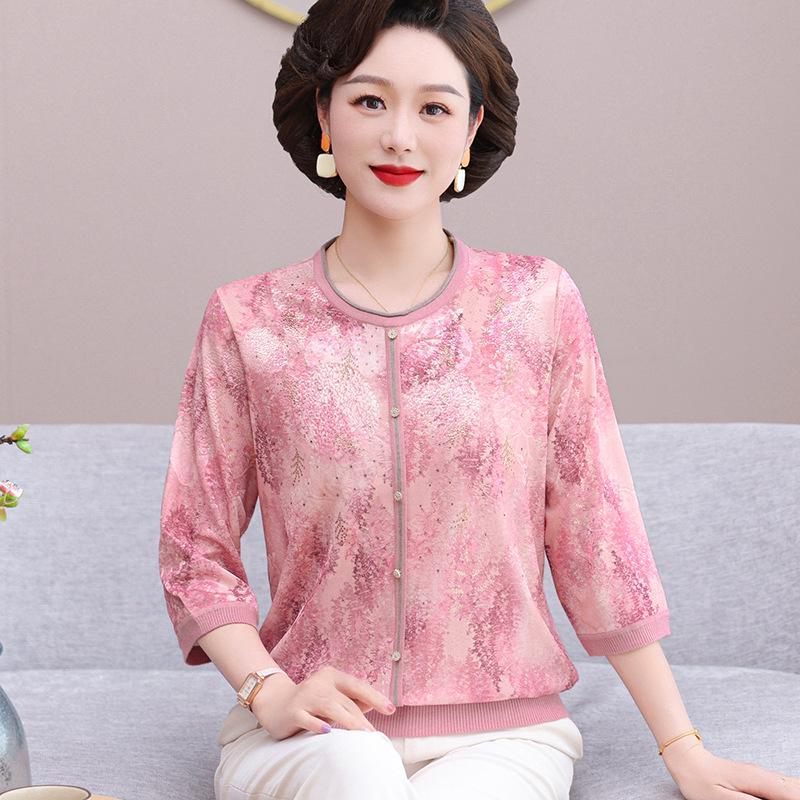 

Chinese Style Knit T-shirt for Middle-aged & Elderly Women - Ice Silk Summer Top 2XL (recommended 110-120 jin) розовый
