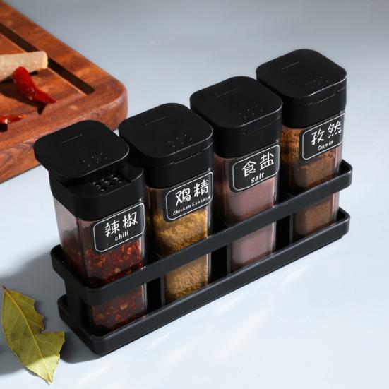 Juego de 4 Tarros de Plástico para Especias con Bandeja Tapa Deslizante con Una Mano Recipientes Transparentes Organizador Compacto para Encimera para Sal, Pimienta, Condimentos