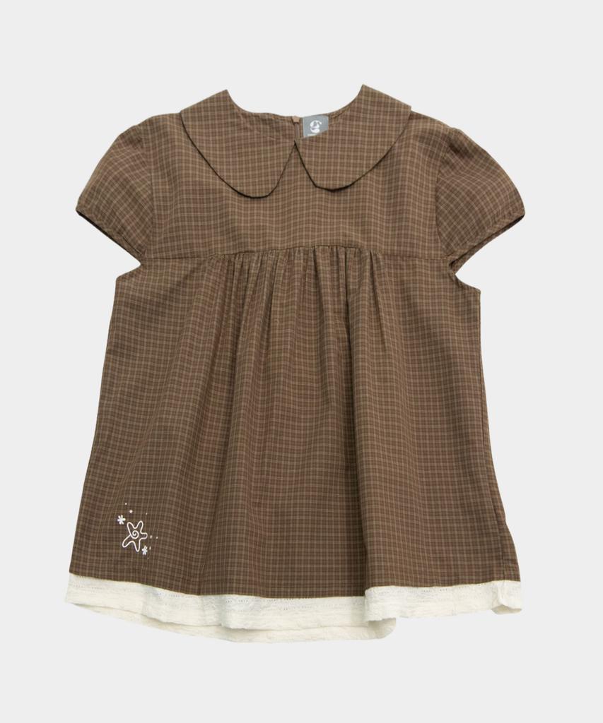 SOME PLACE Check Lace Contrast Sequin Star Print Frill Short Sleeve Blouse Shirt [Brown]