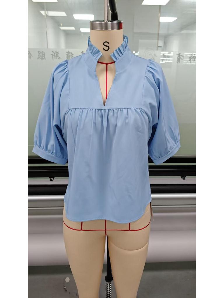 2025 V formos iškirptės moteriški laisvi marškiniai su žibintų rankovėmis, vienspalviai, kasdieniai, klostuoti - Europos ir Amerikos stiliaus