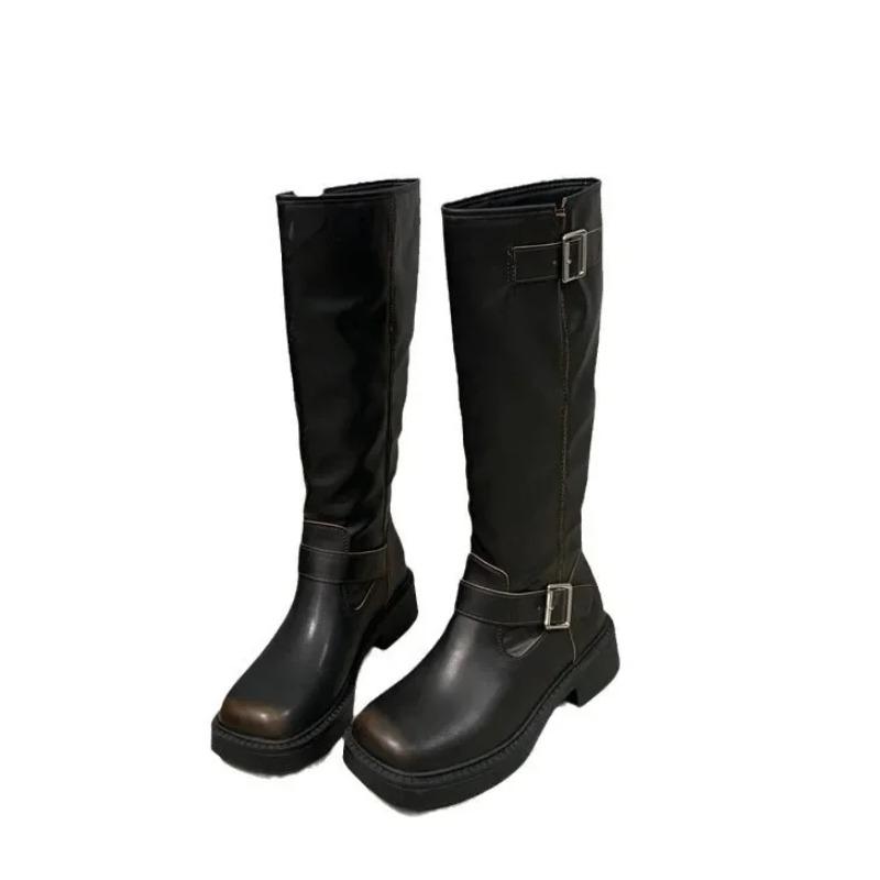 Fashion Retro Belted Long Boots Women's Autumn Winter Fashionable All-Match Knight Style Outerwear Leather Microfiber Knee-High Boots