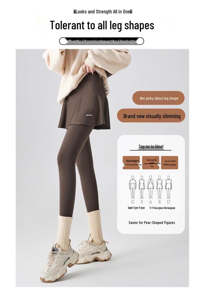 Women's Faux Two-Piece Fleece-Enhanced Shark Pants: Yoga-Style Pleated Skirt and Tights for Spring, Autumn, and Winter.