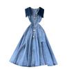 Cut Out Waist-Baring Slim-Fit Long Retro Denim Vest Dress
