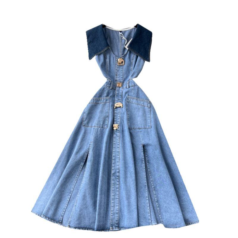 Cut Out Waist-Baring Slim-Fit Long Retro Denim Vest Dress