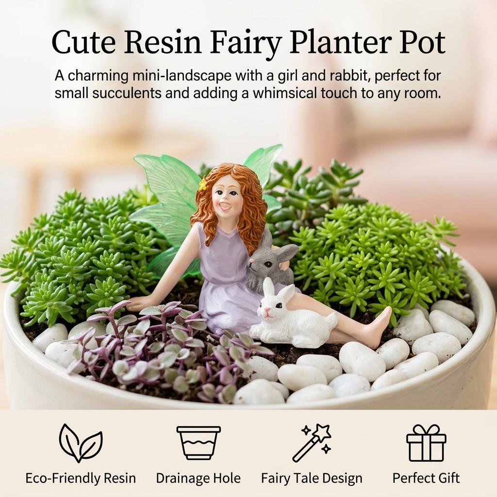 Resin Girl Rabbits Mini Landscape Planter Pot Succulent Decoration Elf Ornament With Drainage Hole For Small Plants