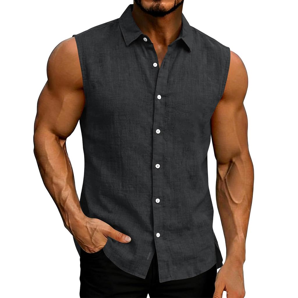 Mens Sleeveless Button Down Linen Shirt Casual Loose Fit Summer Muscle Shirt with Collar and Front Placket