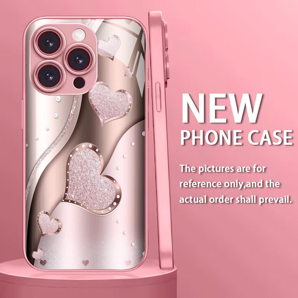 Pink heart to heart Phone Case High-end Phone Case Electroplated Glass TPU PhoneCase for iPhone 17 16 15 14 13 12 11pm Pro Plus