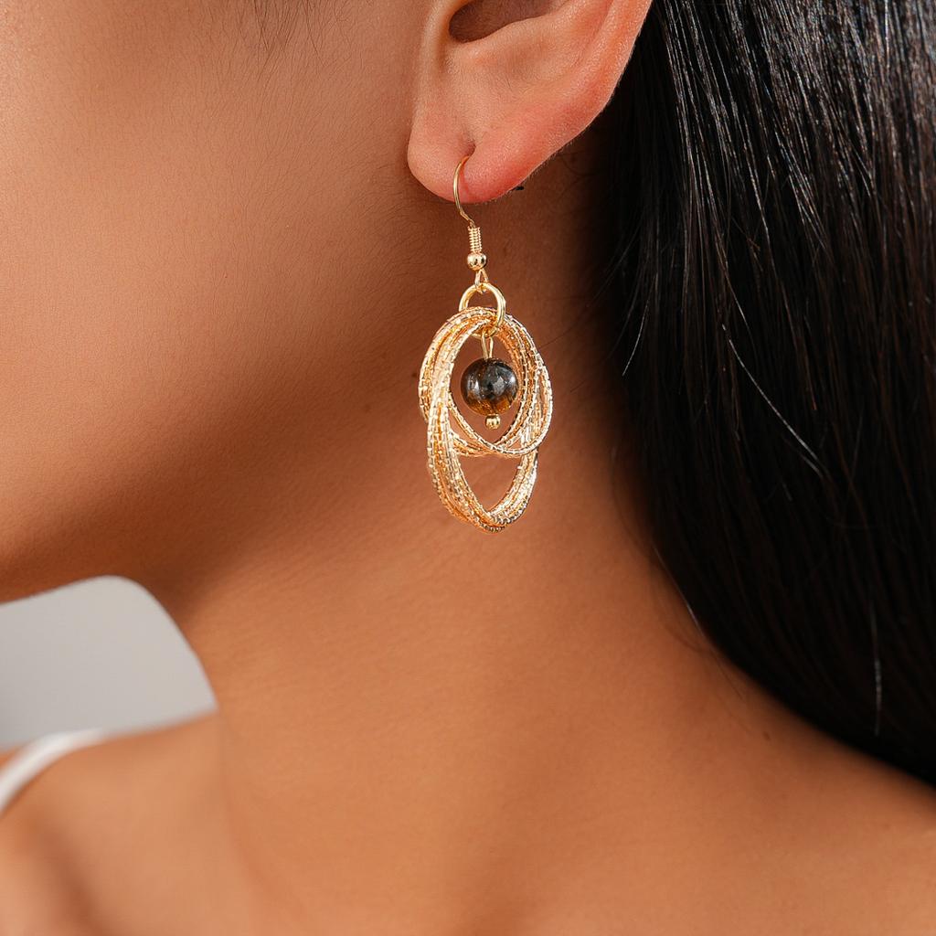 European and American Bohemian Tiger's Eye Multi-layer Geometric Round Cross Ear Hook Vintage Personality Niche Premium Earrings