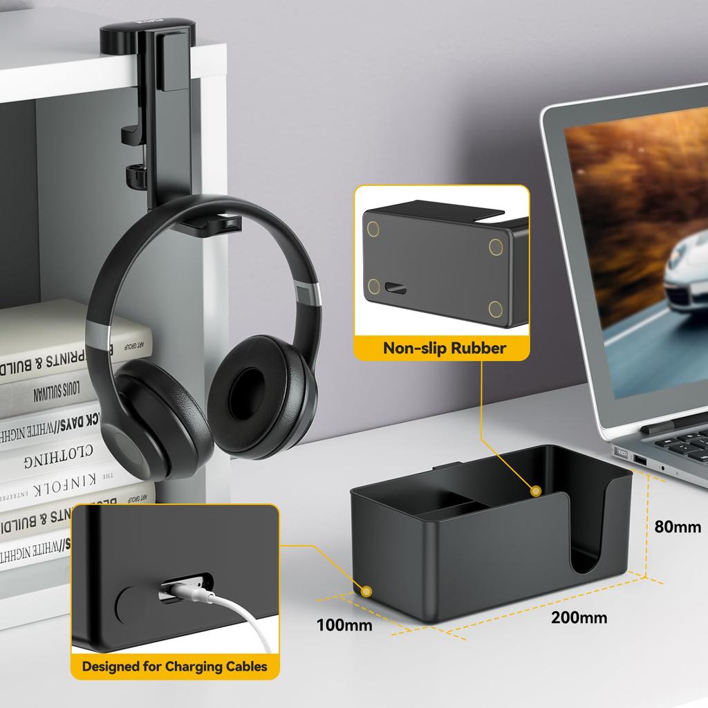 KDD Desk Organizer Desk Headphone Stand with Drink Holder Headphone Hook with 2 Wire Holes Headphone Holder with Rotating Headphone Hanger and