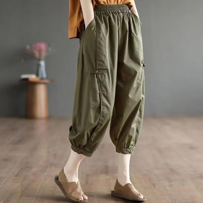 Seven Points Fashion Bloomers Trousers for Women Summer Thin Elastic High Waist Solid Color Pockets Casual Harem Pants