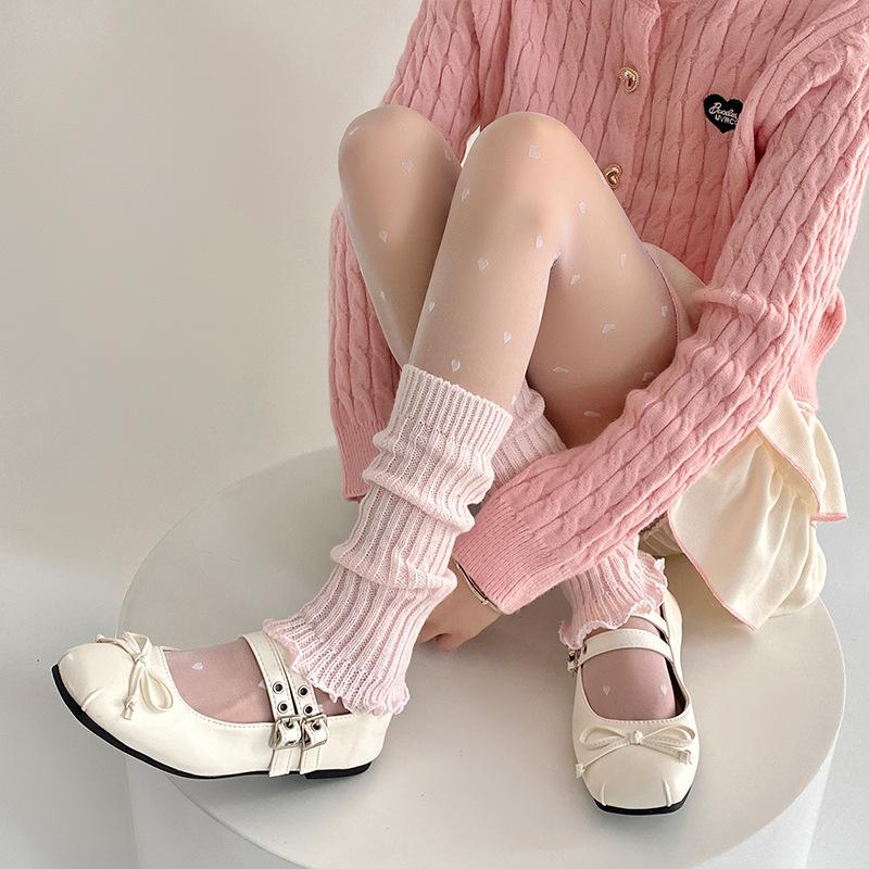 Socks College Style Spring And Autumn Medium Tube Stacking Socks Solid Color Lace Lolita Wool Leg Cover