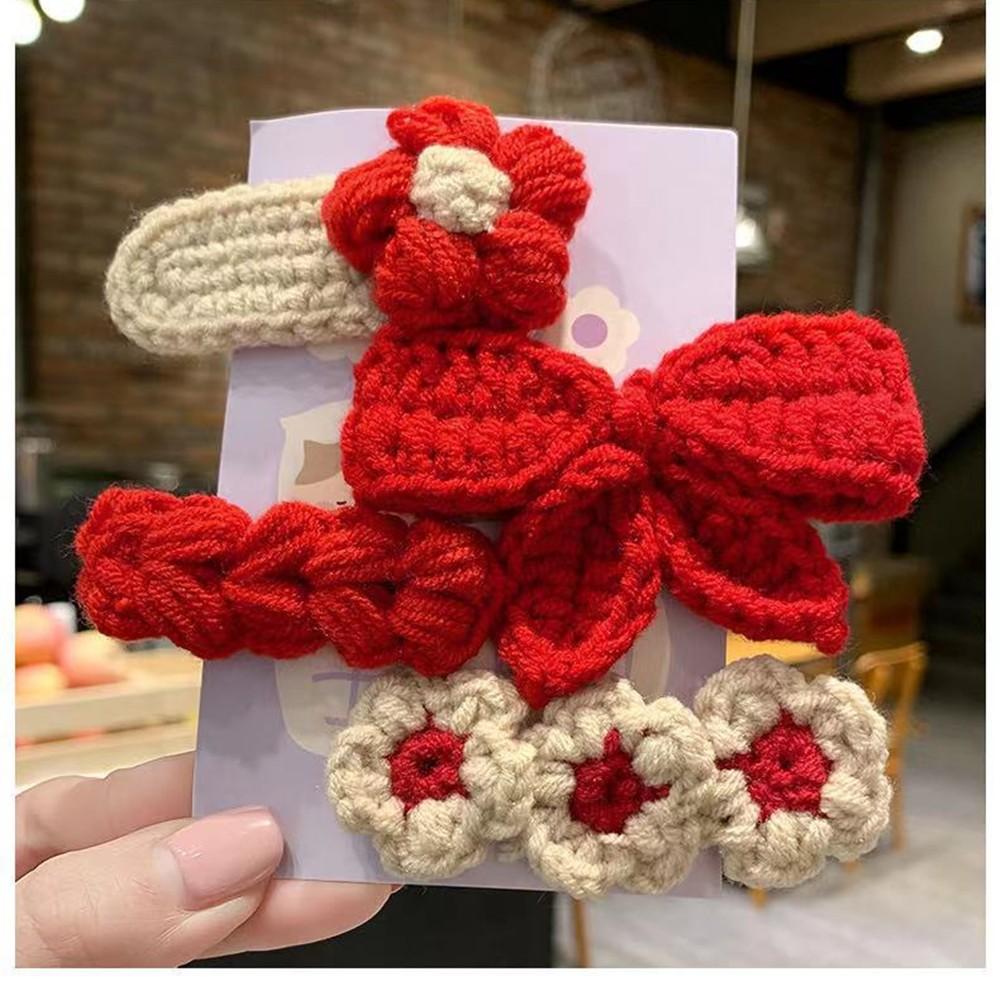4Pcs Cute Knit BB Hair Clips, Handmade Flower Border Clips,Bow Bang Clips for Kids,Suitable for Chrismas Festival Celebration