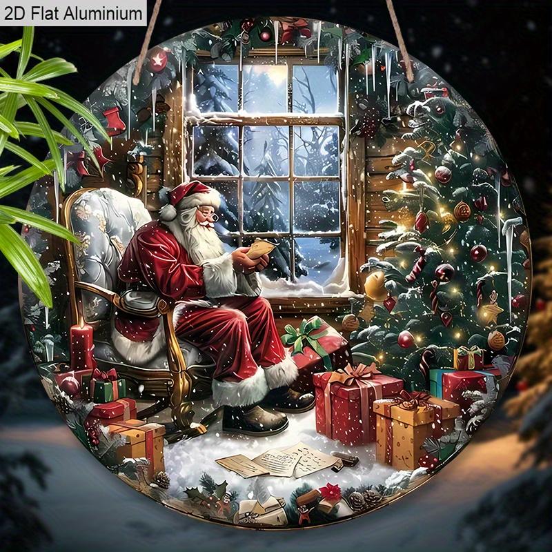 2D Flat Aluminium Oil Painting Style Christmas Sign with Santa Claus Pattern - Warm Winter Figurine Ornaments - Ideal for Front Door, Wall, Porch