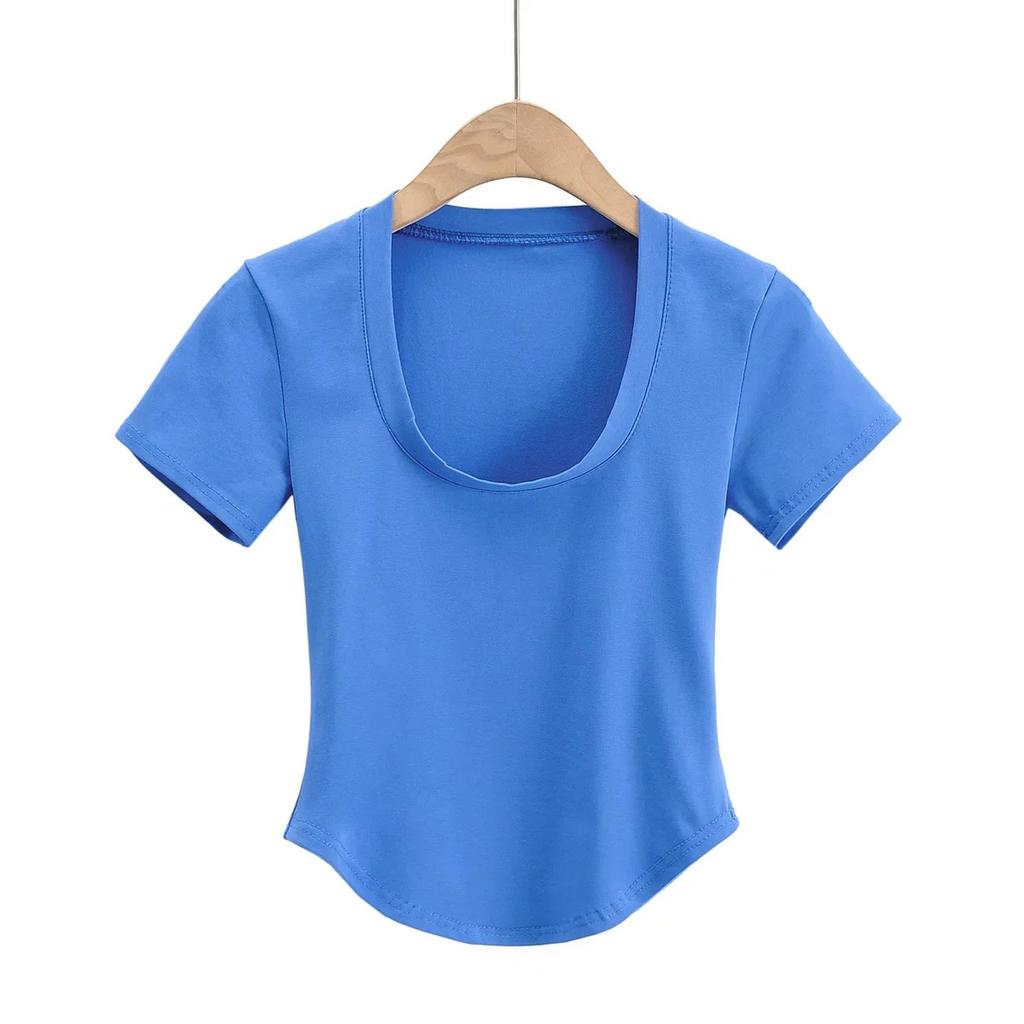 American Summer New Style Chest Revealing U-Neck Slim Fit Short Sleeved Top Sexy Slim Fit Revealing Short Curved Hem T-Shirt