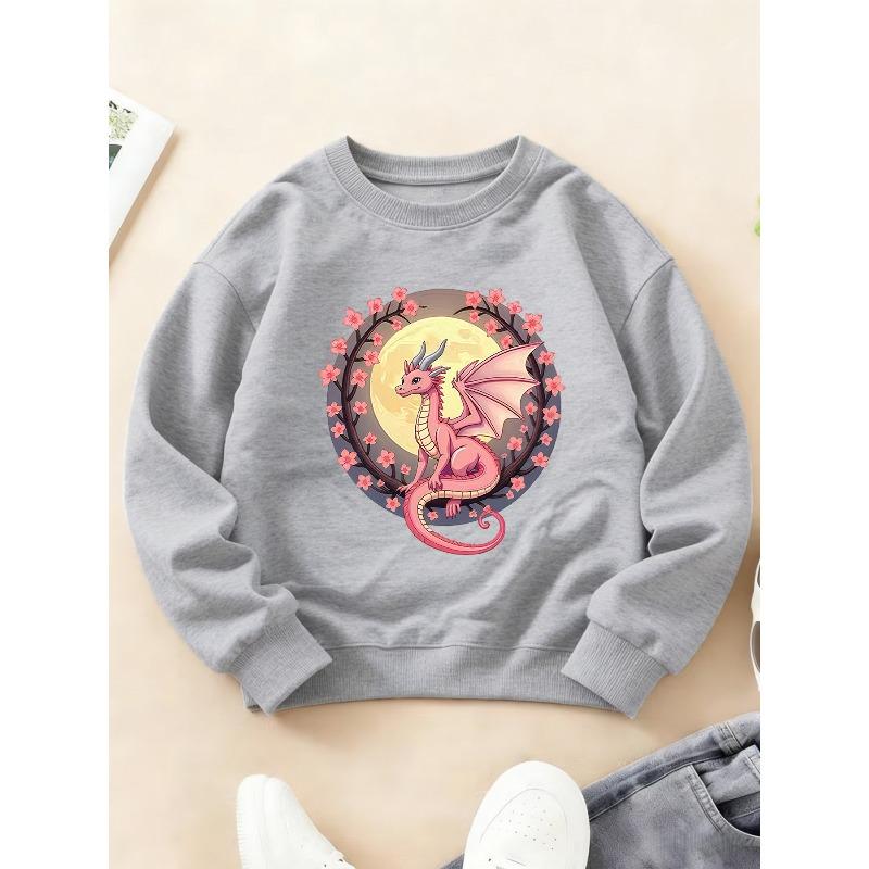 Kids Crewneck Sweatshirt, Cherry Blossom Moon Pink Dragon Dreamy Fantasy Fun Print