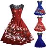 Fashion Women Lace Vintage Christmas Print Sleeveless Swing  Party Dress