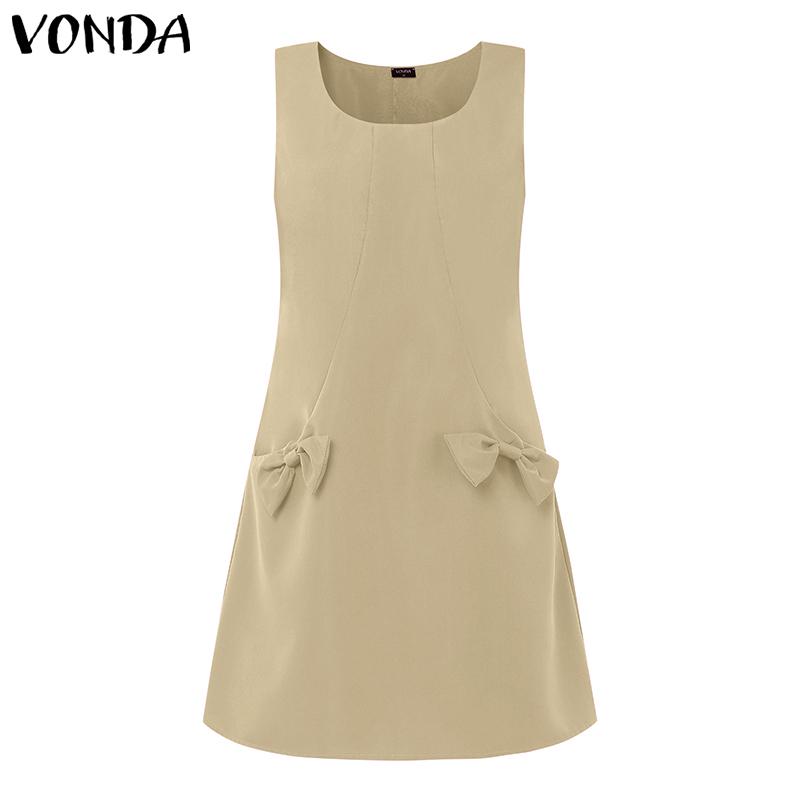 VONDA Women Sleeveless Side Zip-up Bow Knot Casual Mini Dress