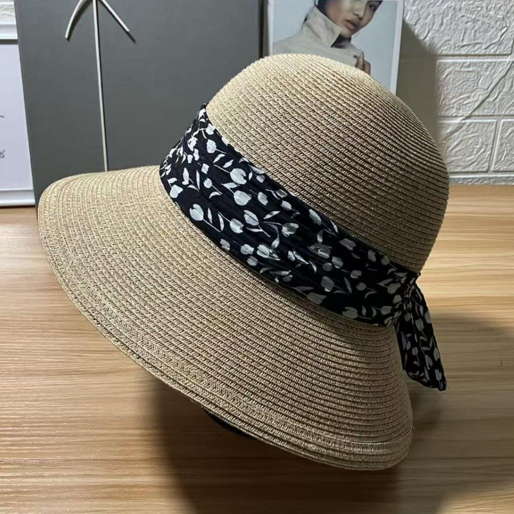 Gentle wind floral streamer rear split straw woven bucket hat spring and summer sun protection sunshade seaside vacation sun hat
