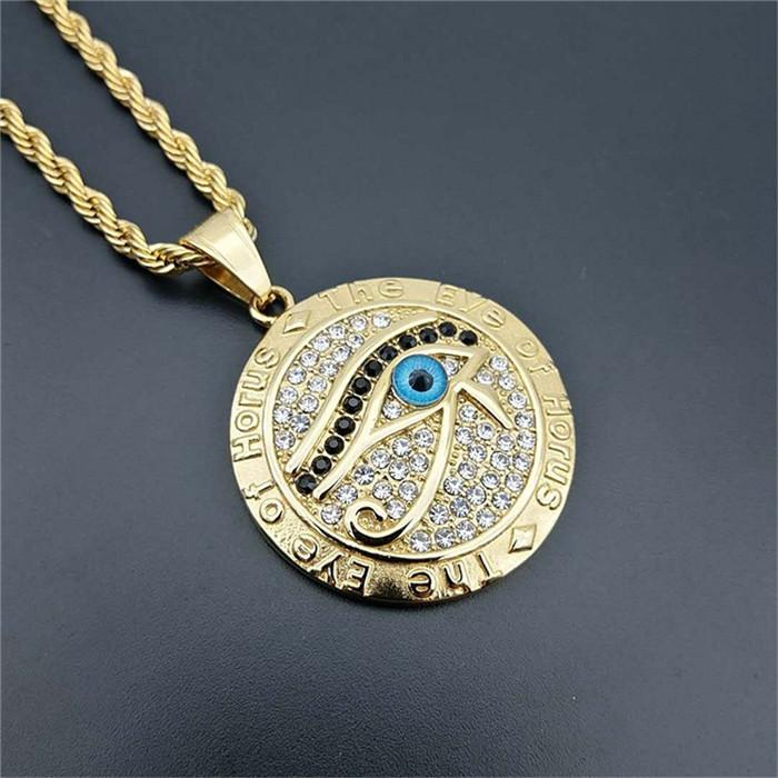 Pendentif Collier Oeil d'Horus Égyptien & Chaîne pour Hommes Femmes Couleur Or Acier Inoxydable Rond Hiphop Bijoux Anciens Égypte N1238
