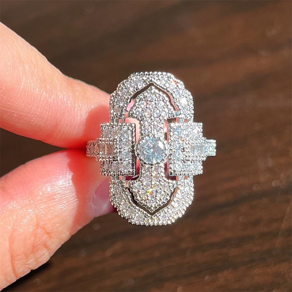 Vintage 925 Sterling Silver Shiny Full Diamond Gemstone Ring 18K Gold Cubic Zirconia Promise Rings CZ Diamond Multi Row Cocktail Rings Eternity