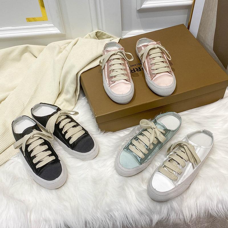 Little White Shoes Women's Summer Niche Design Shoes Satin Silk Versatile Casual Half Drag One Pedal Lazy Shoes