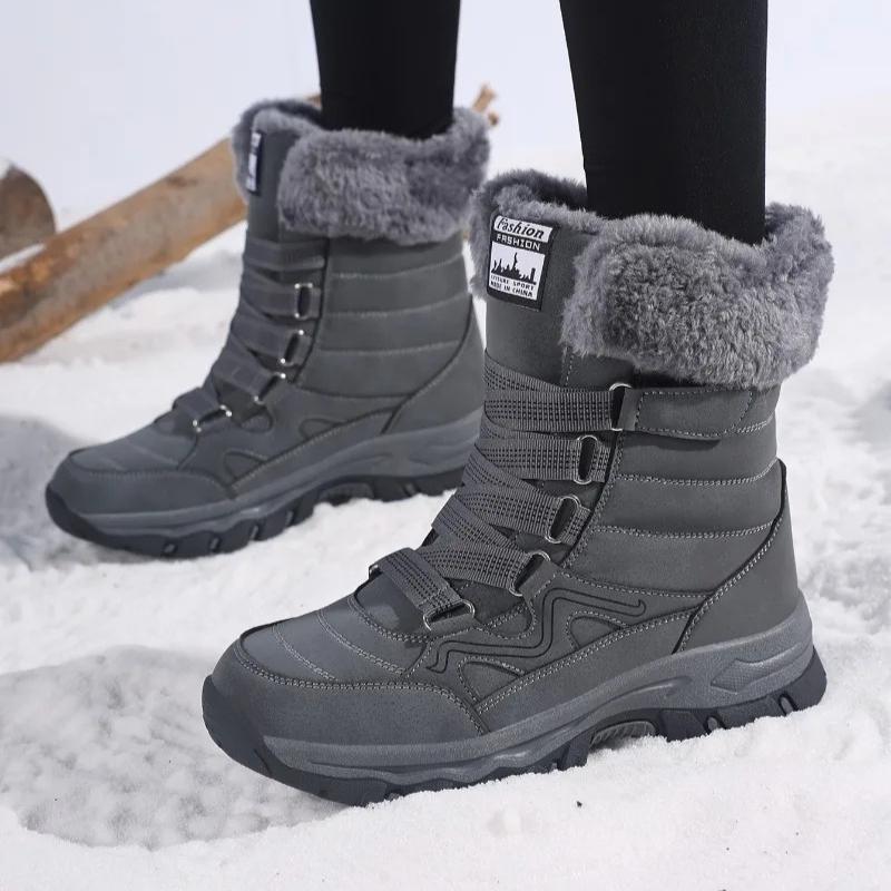Plush Mid-top Winter Boots Women Warm Cotton Shoes Anti-slip Rubber Sole Outdoor Sneakers Plush Waterproof Ladies Hiking Footwear