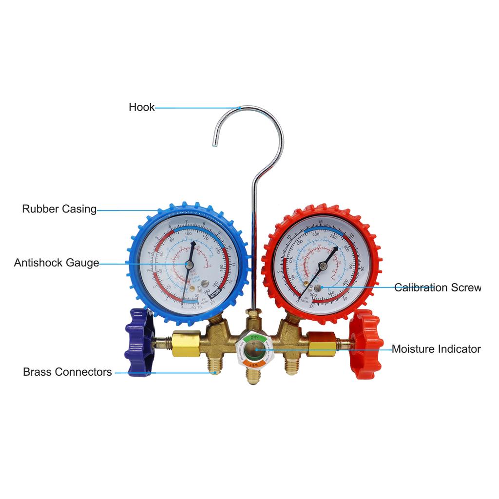 R134a Air Conditioning Pressure Gauge with Hose and Hook 3 Way AC Diagnostic Manifold Gauge Set Freon For R12 R22 R404A R134a