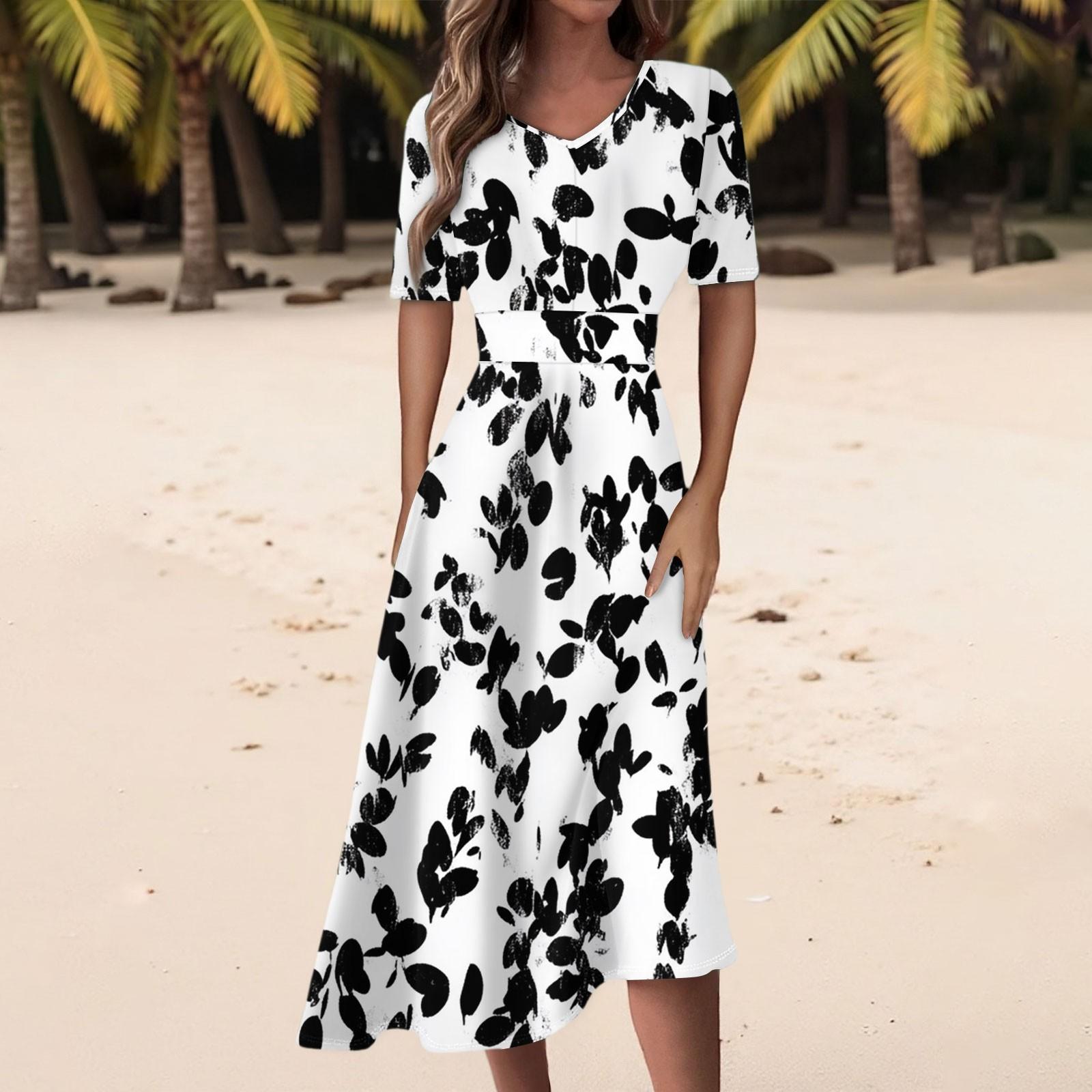 

Женское повседневное модное платье с цветочным принтом, V-образным вырезом, короткими рукавами и длиной до талии XL белый