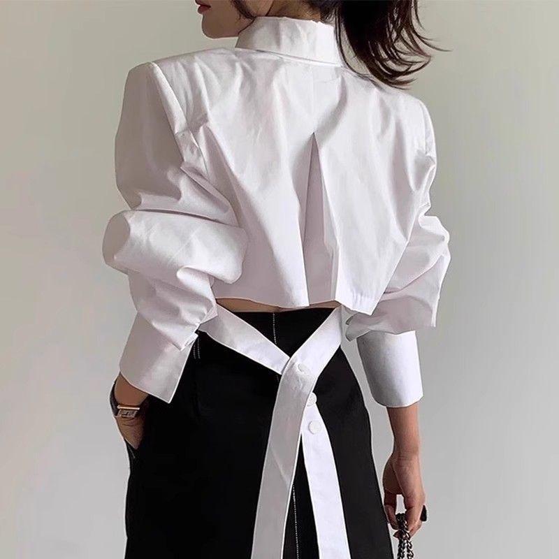 Primavera Otoño Nueva Moda Cuello Vuelto Manga Larga Blusas Sólidas Camisas Caladas para Mujer Tendencia Coreana
