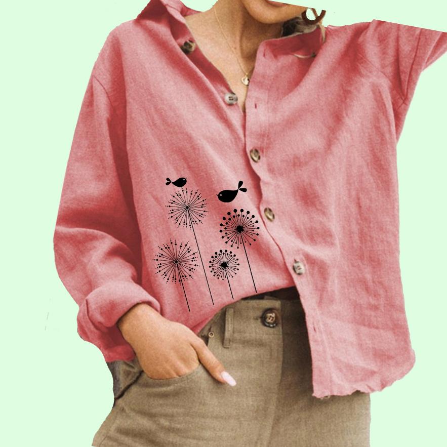 Dámská móda Květinový potisk Blůza Dámský bavlněný lněný top Ležérní košile na knoflíky