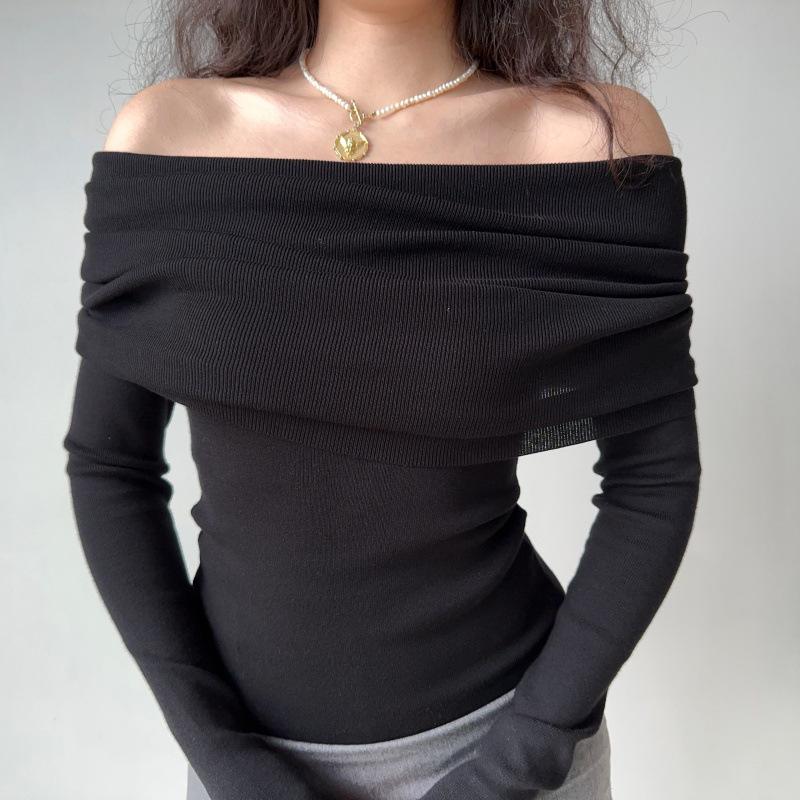 European One-Shoulder Pleated Knit Slim-Fit Sweater for Women
