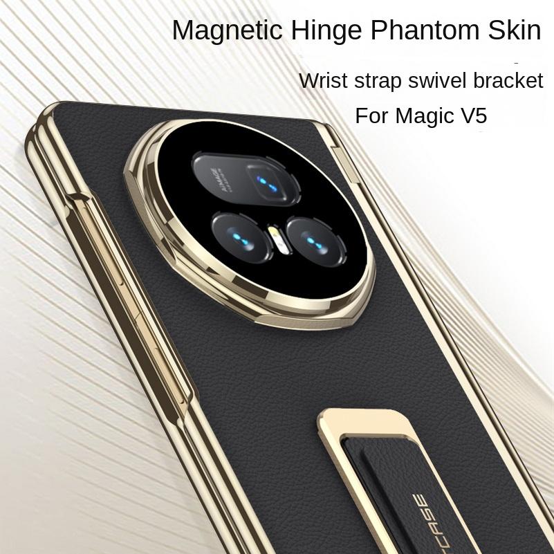 Adjustable Wristband Holder Plated Gold Frame Leather Hinge Case for Honor Magic V5 with Glass Film Lens Protect Cover