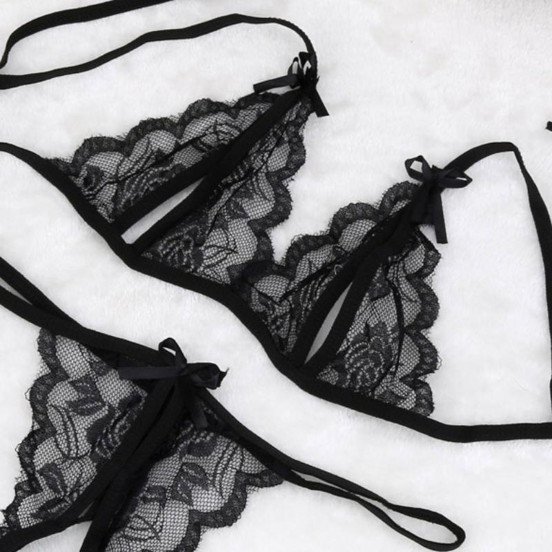 Lady Lace Pajama Sets Sexy Lingerie Sleepwear Tie Band Out Top And Hollow Out Thin Strap G-String Ultra Thin Home Clothes