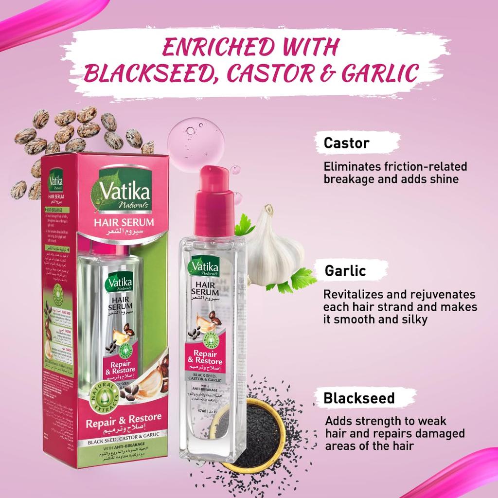 Vatika Naturals Repair and Restore Hair Serum (47mL) | Natural Extract of Black Seed, Castor and Garlic | Promotes Anti-Breakage | For All Hair Types