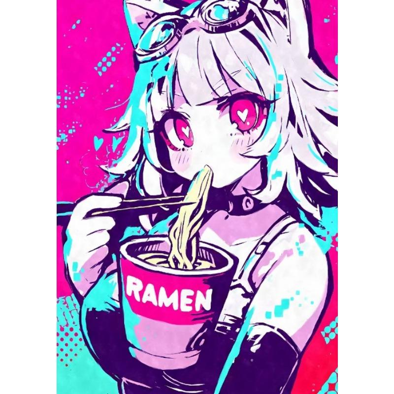Cat Ear Anime Girl Eating Ramen Poster Aesthetic Anime Ramen Art Prints Japanese Style Cartoon Decor Sexy Girl Canvas Painting