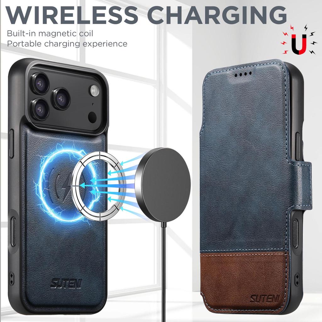 Funda abatible de cuero para iPhone 17 Pro Max con ranura para tarjeta, cierre magnético, carga inalámbrica y soporte.
