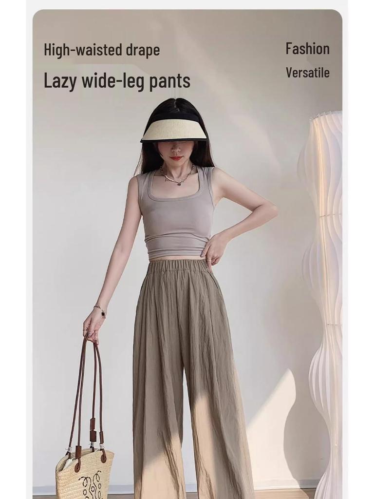 Yamamoto Women's High-Waist Wide-Leg Ice Silk Pants - Summer/Spring/Autumn Floor-Length Casual