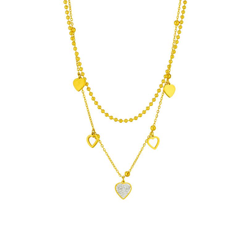 Gold Plated Multi-Heart Layered Beaded Chain Necklace for Women Stainless Steel with Cubic Zirconia
