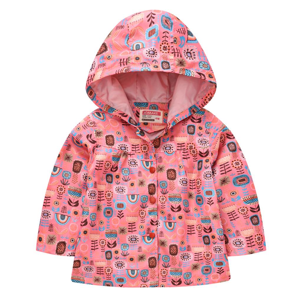 Children's Clothing Girls Cute Button Jacket Spring and Fall Children's Printed Long-sleeved Hooded Windbreaker Jacket