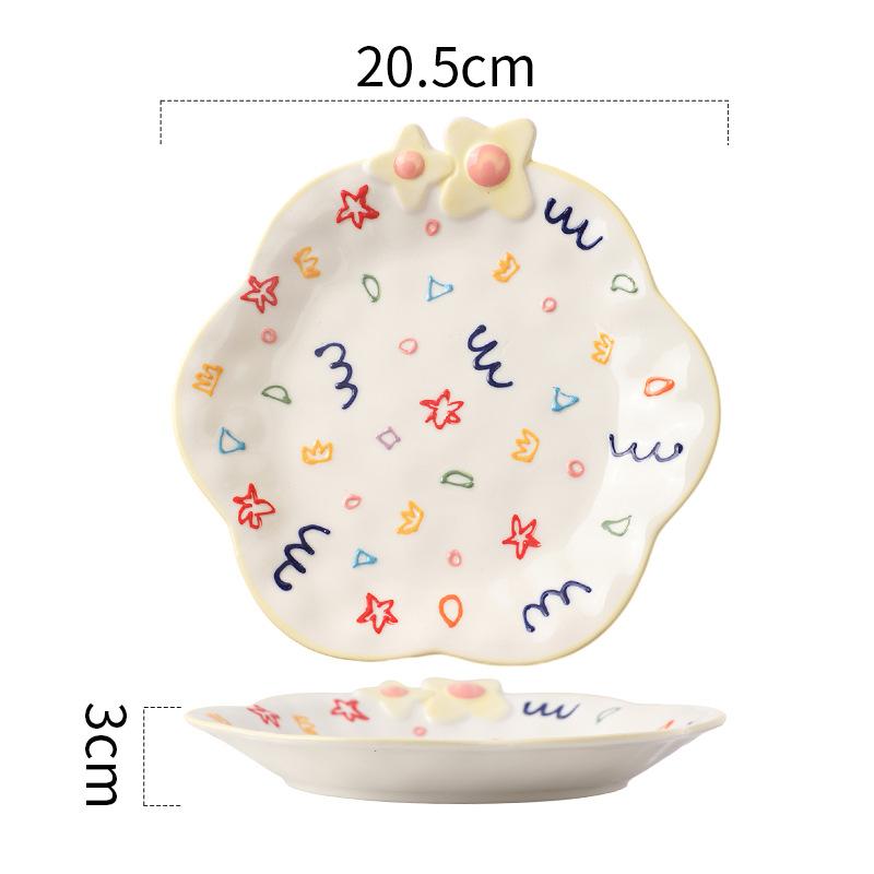 Hand-Painted Relief Flower Ceramic Plate, Breakfast Plate, Dessert Plate, Household Dish Plate, Cute Fruit Plate, Pasta Salad Plate