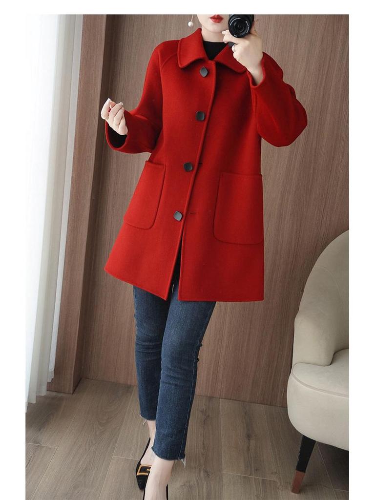 Dámský oboustranný vlněný kabát s límečkem Peter Pan - High-endový, zeštíhlující, volný střih zimní svrchní oděv pro drobnou eleganci